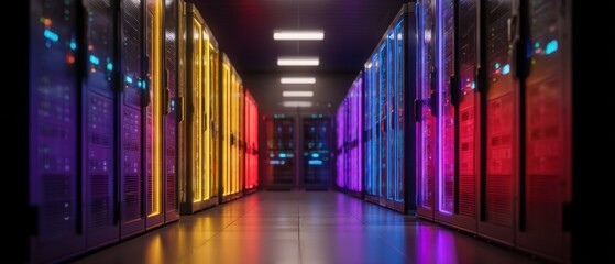 Aufkleber - Data Center Servers Hosting Digital Information in a High Tech Environment with Bright Neon Colors and Modern Design