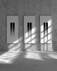 Poster - Three abstract posters hanging on a concrete wall in a room with sunlight streaming through a window casting shadows on the floor