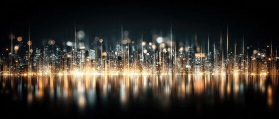 Poster - Abstract Cityscape at Night with Golden Lights and Reflections on Water Panoramic View Urban Landscape