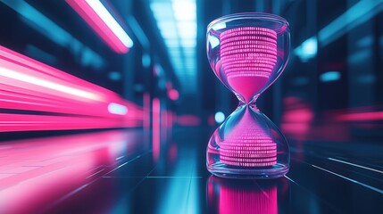 digital hourglass, neon lights, binary code, reflection, futuristic design, time concept in a high-t