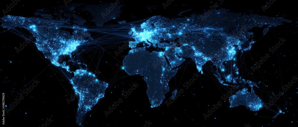 Global Network Connectivity Visualized World Map of Light Points and ...