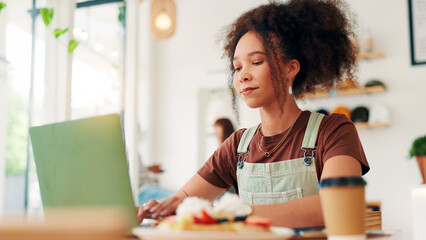 Fototapete - Laptop, remote work and woman typing in cafe with social media marketer for ad campaign, project and email. Computer, freelancer and writing on internet in coffee shop for brand promotion online