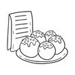 © rasagama - A takoyaki topped with bonito flakes near a menu board