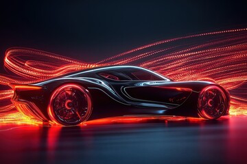 Wall Mural - ** sleek futuristic sports car with dynamic red light trails on dark background..**