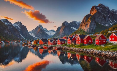 Poster - Beautiful mountain landscape with a red town in the foreground. The water is calm and the sky is orange and pink