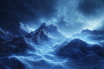Wall Mural - futuristic digital landscape with glowing grid and starry sky in blue tones