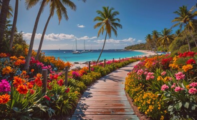Poster - Walkway with a beach in the background and a path of flowers. The flowers are in various colors and the walkway is made of wood