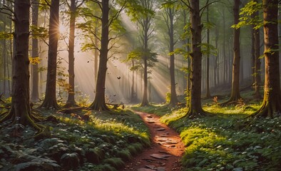 Poster - Forest path with sunlight shining through the trees. The path is lined with trees and there are birds flying around