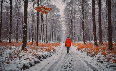 Poster - Man in an orange jacket walks through a snowy forest. The scene is peaceful and serene, with the snow covering the ground and the trees providing a sense of solitude. The man's presence in the woods