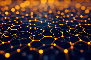 Abstract network with orange nodes connected by lines on a dark blue background with bokeh effect