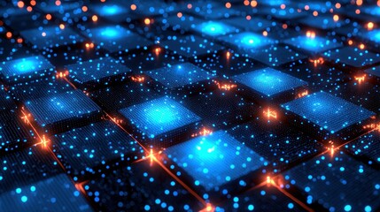 Wall Mural - glowing blue blocks connect with orange lines and dots