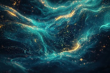 Wall Mural - Abstract Cosmic Waves with Glowing Particles and Network Connections in a Mystical Space-Themed Digital Art Background