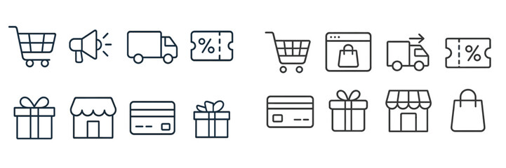 Aufkleber - Icon set representing e-commerce activities, including shopping carts, delivery trucks, sales, and payment methods in a minimalist design