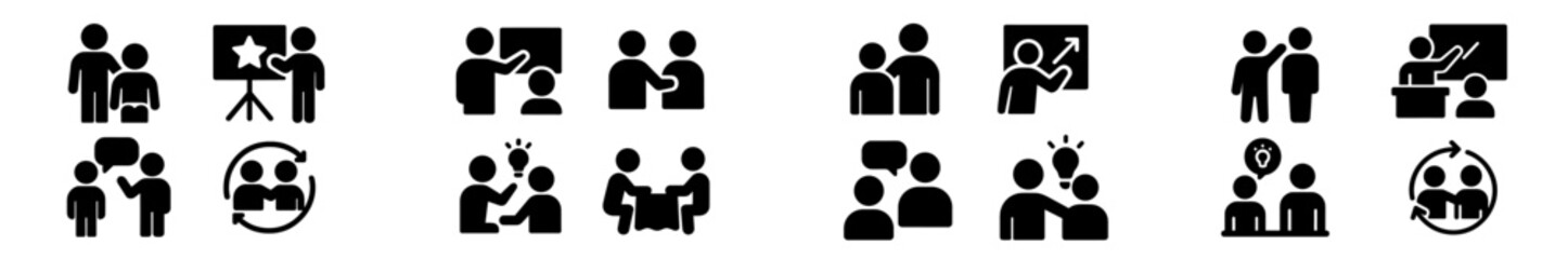 Poster - Various black and white icons representing teamwork, presentations, and collaboration concepts in a business environment