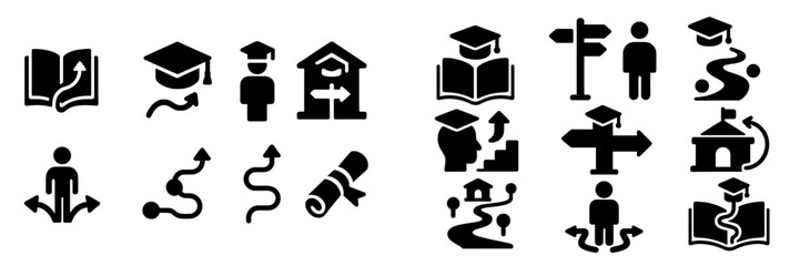 Aufkleber - Symbols representing education, growth, and decision-making in a black and white design