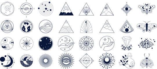 set of mystical and celestial line art icons with moon, sun, stars, hands, geometric shapes, butterf