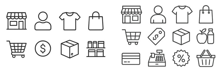 Aufkleber - Shopping icons represent various retail activities and transactions in a minimalist style using black and white graphics