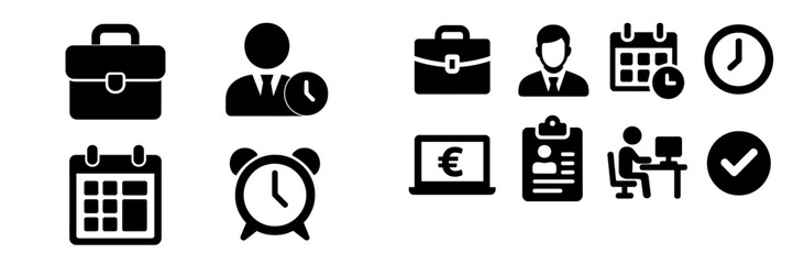 Leinwandbilder - Business icons illustrating work, time management, and professional activities in a modern office setting
