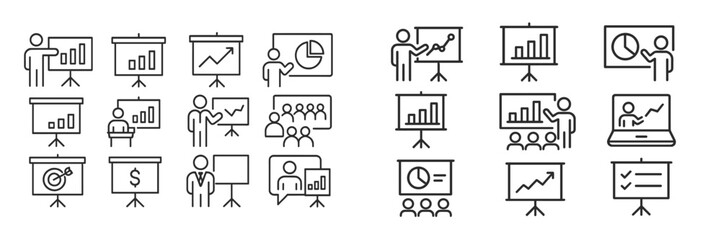 Leinwandbilder - Various icons depicting business presentation themes including graphs, charts, and speakers in a conference setting