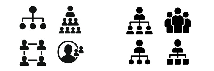 Poster - Black icons representing various organizational structures and teamwork concepts on a light background