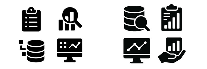 Poster - Collection of black and white icons representing data analysis, visualization, and management activities on digital devices