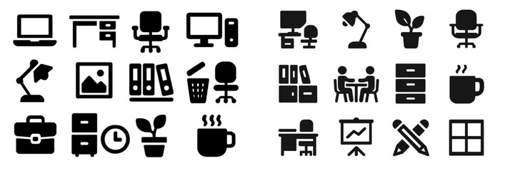 Poster - Office workspace icons depicting furniture, equipment, and accessories for a productive environment