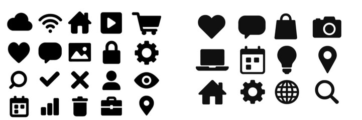 Leinwandbilder - Collection of various black icons representing technology, communication, and online activities in a grid layout