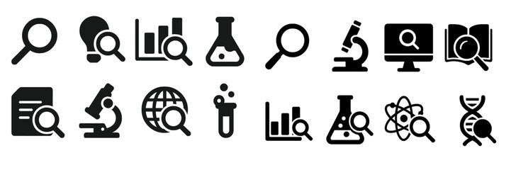 Aufkleber - Variety of research and scientific icons depicting exploration and analysis in various fields such as chemistry and biology
