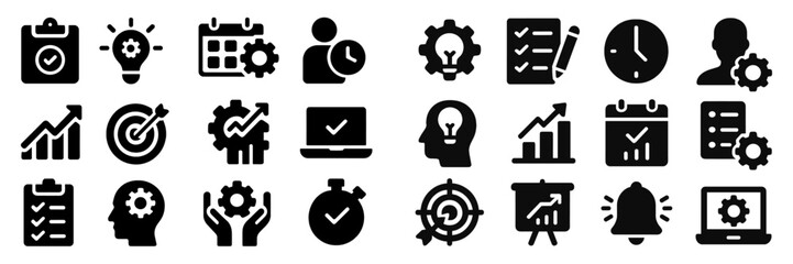 Fototapete - Icons representing productivity tools and time management techniques used in professional settings for effective work organization