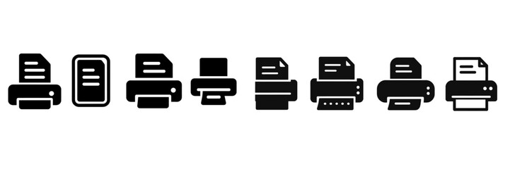 Fototapete - Design showing various printer icons illustrating printing technology evolution in simple black graphics
