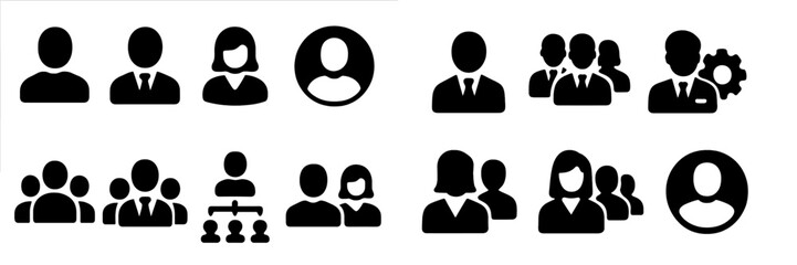 Fototapete - Icons representing diverse groups of people engaged in various professional interactions and teamwork settings