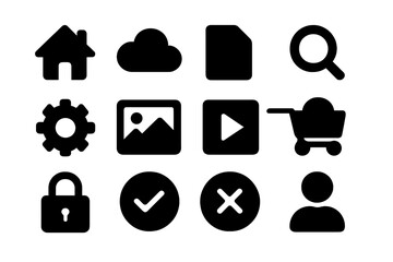 Wall Mural - collection of minimalist black icons representing various digital functions and concepts on a light 