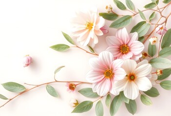 Poster - Botanical Beauty Image With Soft Pastel Flowers And Greenery, Serene Light Backdrop. Gentle Floral Arrangement. Refreshing Leaves. Beautiful Nature Image.