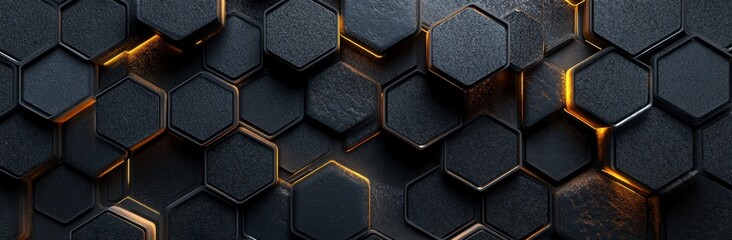 Abstract Black Hexagonal Pattern with Glowing Edges on Dark Surface