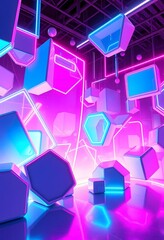 Fototapete - Abstract Futuristic Shapes Glow. Neon Colors Illuminate 3d Geometry. A Digital World Of Dynamic Energy. High Tech Visual Background.