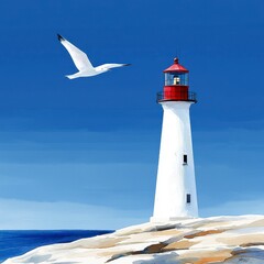white lighthouse and seagull under a blue sky