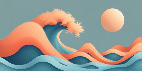 Poster - Peach Fuzz Waves, A Dance Of Abstract Color And Tranquil Geometric Shapes Create A Peaceful Illustration. Calming Abstract Design, Perfect Background Artwork And A Calming Visual Treat For Designers.
