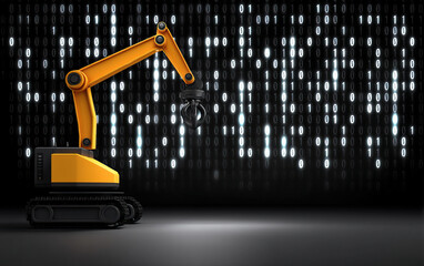 robotic arm with claw on digital binary code background showing technology and automation concept