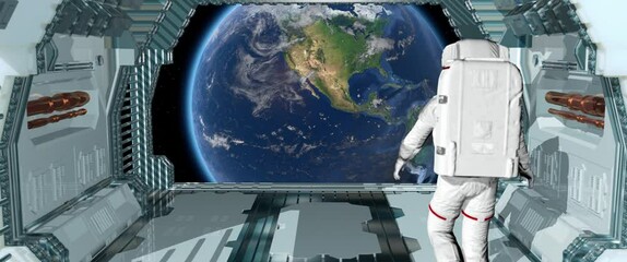 Wall Mural - Alone astronaut walking in a futuristic sci fi corridor admiring the view of the earth. 3d render.