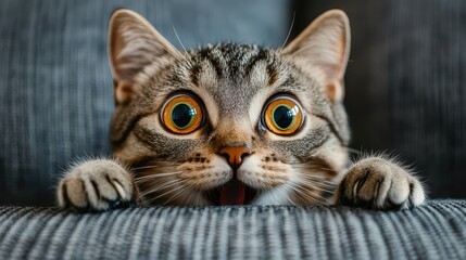  Surprised tabby cat with wide eyes on couch
