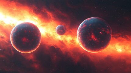 Wall Mural - Three planets float in an area of radiant nebula and cosmic energy