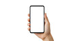 © abu - Fair Skin Hand Holds Frameless Smartphone with Blank White Screen on White Background
