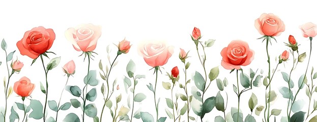 Wall Mural - Watercolor roses, garden border, floral design