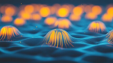 Wall Mural - abstract glowing structures rising above a flowing dark blue field