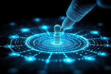 Wall Mural - digital representation of a pen creating a holographic figure surrounded by glowing circles, depicti