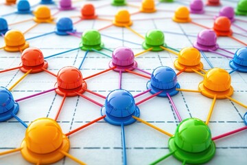 Wall Mural - colorful network connections with nodes and lines in a grid pattern representing social interaction 