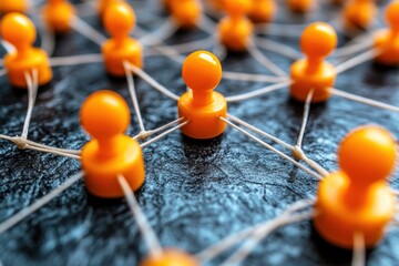 Wall Mural - orange figures connected by rubber bands on a dark textured surface representing networking and coll