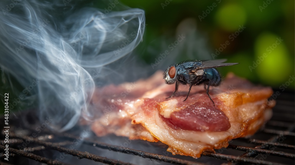 Cooked meat on outdoor grill covered with blue bottle flies ...