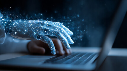 digital hand typing on laptop futuristic technology concept abstract network data artificial intelli