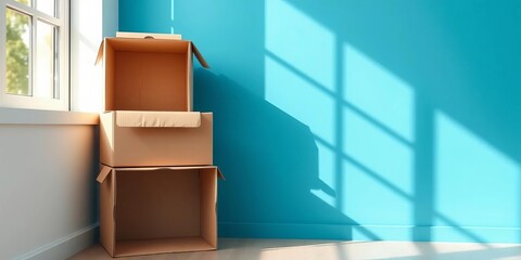 Wall Mural - Three empty cardboard boxes stacked in a sunlit corner against a blue wall,  empty space, sunlight